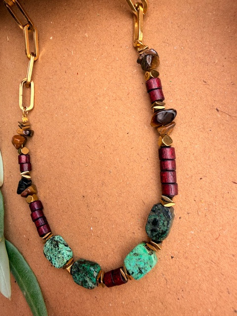 گردنبند چوب و سنگ محافظ کریزوکولا و چشم ببر