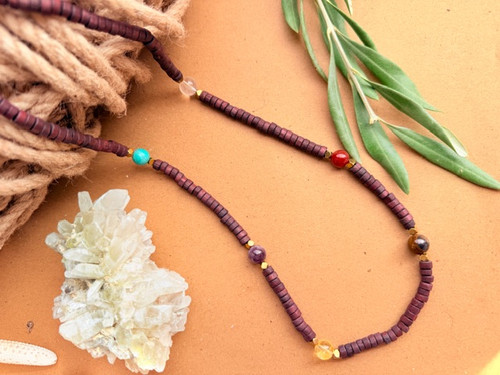 گردبند رولباسی هفت چاکرا ترکیب چوب وسنگ های جواهری درجه یک