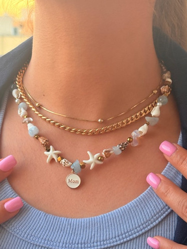 گردنبند ودستبند سنگ آکومارین و صدف گوش ماهی وصدف تراش ستاره