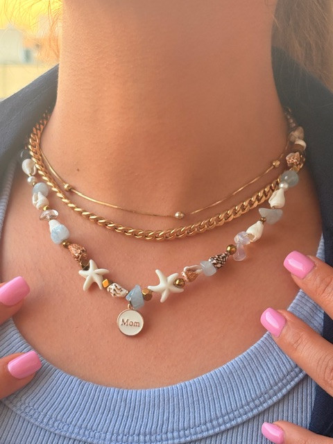 گردنبند ودستبند سنگ آکومارین و صدف گوش ماهی وصدف تراش ستاره