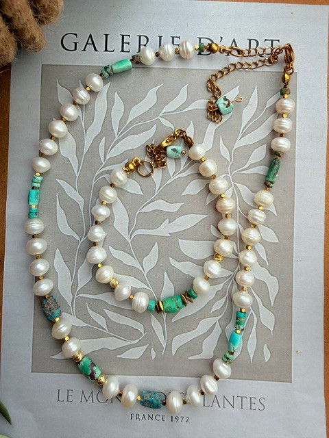 Half Set | Necklace | Miracle of Health and Wealth | Bracelet | Earrings | Women's | Genuine Turquoise of Neyshabur | Real Pearl | Gold Plated Hematite Stone | Colorfast Steel Findings | Authenticity Guarantee | January | June | October | September | May |