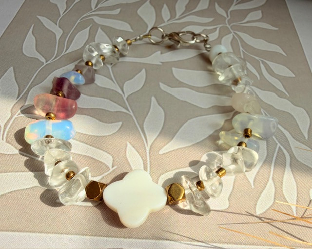 Bracelet | Budget-Friendly | Birth Month | Mehr | Opal | Natural Shell | Van Cleef Cut | Hematite Stone Spacer with Gold Plating | Grade 1 Stainless Steel Chain & Findings | Colorfast | Hypoallergenic | With Warranty | Bberth02