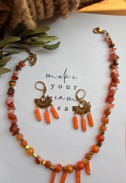 Necklace & Earring Set | Agate | African Turquoise | Carnelian Agate | Tiger’s Eye | Grade 1 Stainless Steel Chain & Findings | Tarnish-Resistant | Hypoallergenic | Warranty | NE fer agh 29
