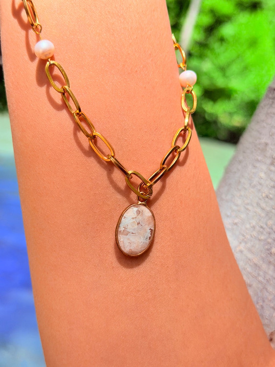Dendritic Agate | Tarnish-Resistant Stainless Steel Chain | Genuine Cultured Pearl | Agate | Grade 1 Stainless Steel with Warranty