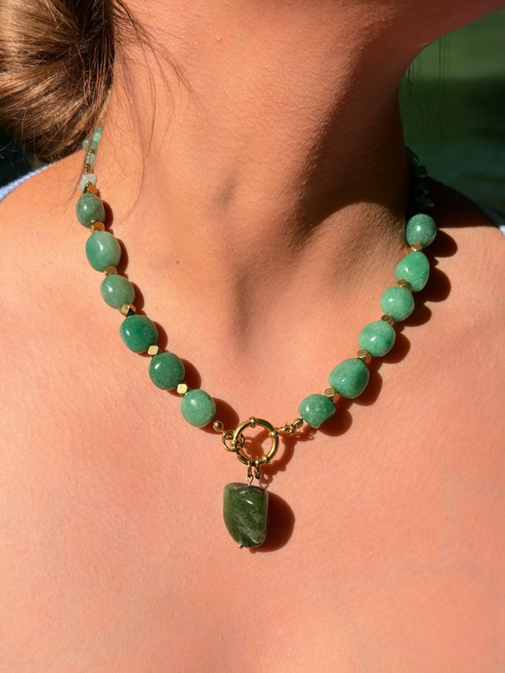 Necklace | Genuine Aventurine | Jade Stone | Hand-Carved | High Quality | Lucky Stone | Grade 1 Stainless Steel Chain & Findings | Colorfast | Hypoallergenic | With Warranty