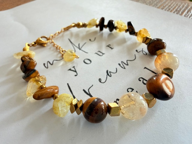 Natural Citrine & Tiger Eye Bracelet with Gold-Plated Hematite and Stainless Steel Chain