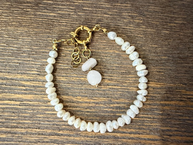 Cultured Pearl Bracelet with Nautical Clasp | Natural Rose Quartz Charm